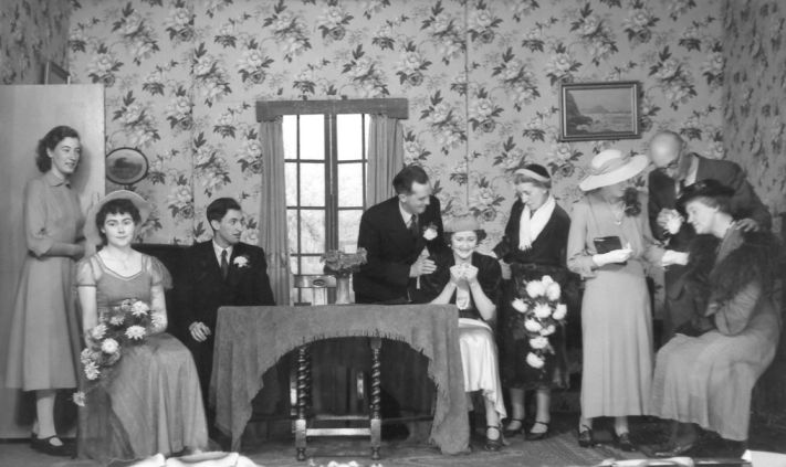 Edie, Queenie, Sam Leadbetter, Bob Mitchell, Sylvia, Ethel, Vi, Frank Gibbons, Mrs Flint